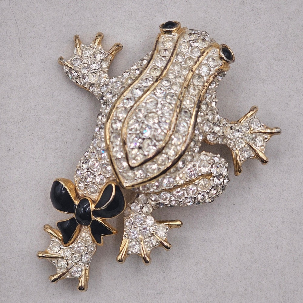 Frog Rhinestone Brooch Gold Tone Black Enamel Bow Vintage Figural 2.5" Pin Glam